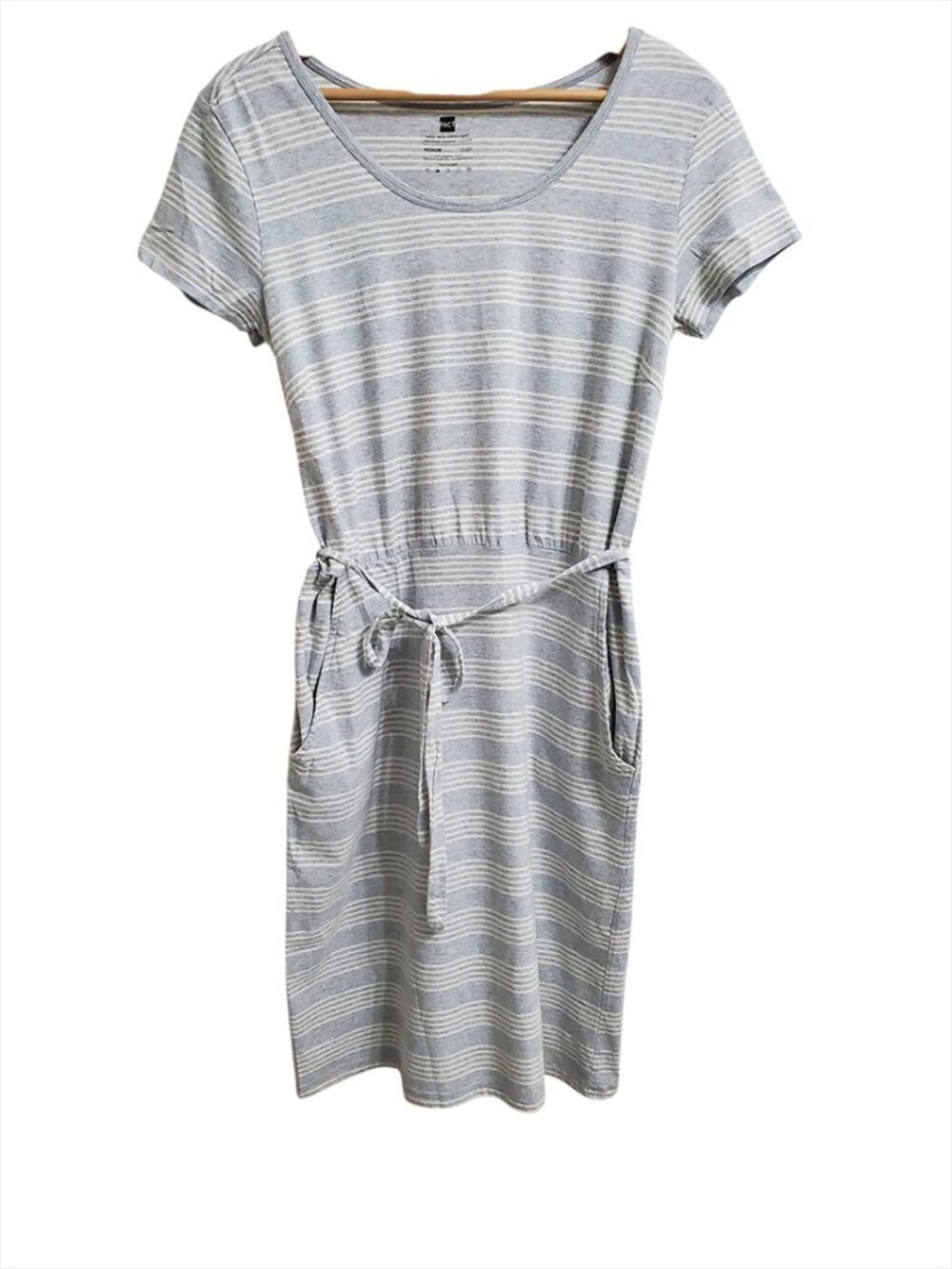 Pact Light Gray and White Striped Short Sleeve Tie-Waist Dress